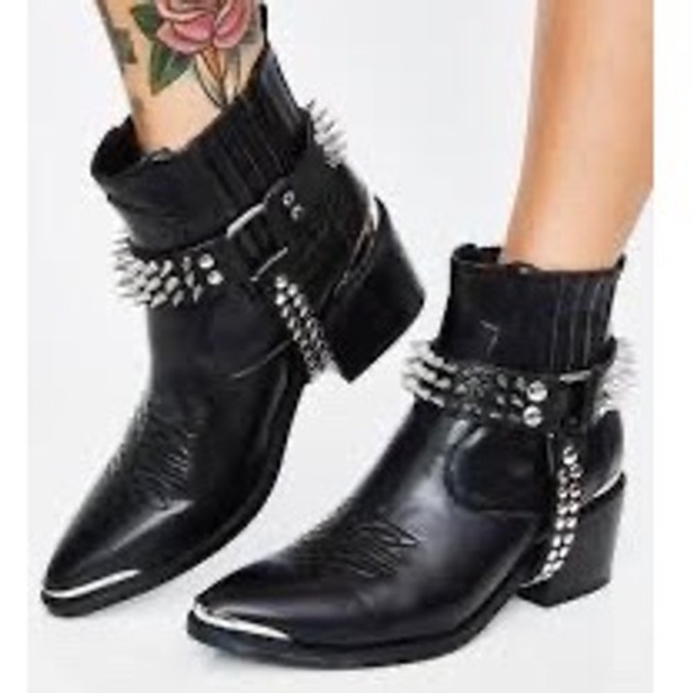 Dolls Kill Current Mood Studded Harness Moto Biker Western Ankle Boots Black 5/6